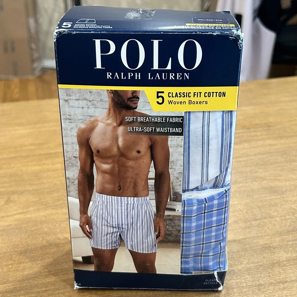 Polo Ralph Lauren Boxers Mens 2XL Blue Striped Woven Classic Fit Cotton 5 Pack